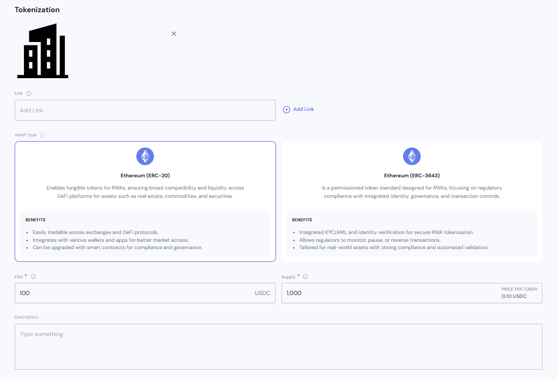 Asstes Tokenization Settings Interface