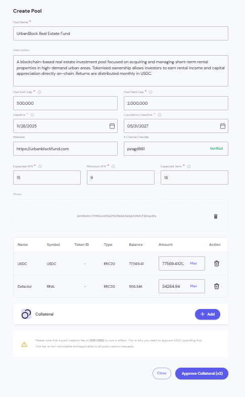 Create Pool Form Filled