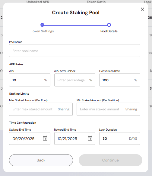 Add Pool Modal – Pool Details