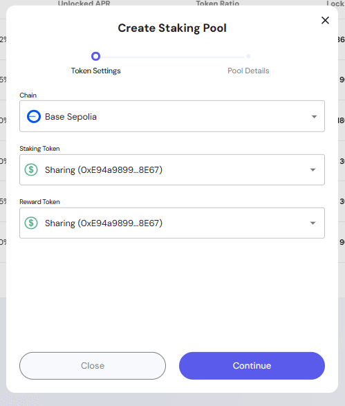 Add Pool Modal – Token Settings